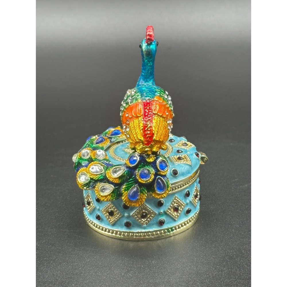 Vintage Peacock Trinket Box Enameled Cloisonne Bejeweled Crystal Hinged Case - Picture 7 of 9